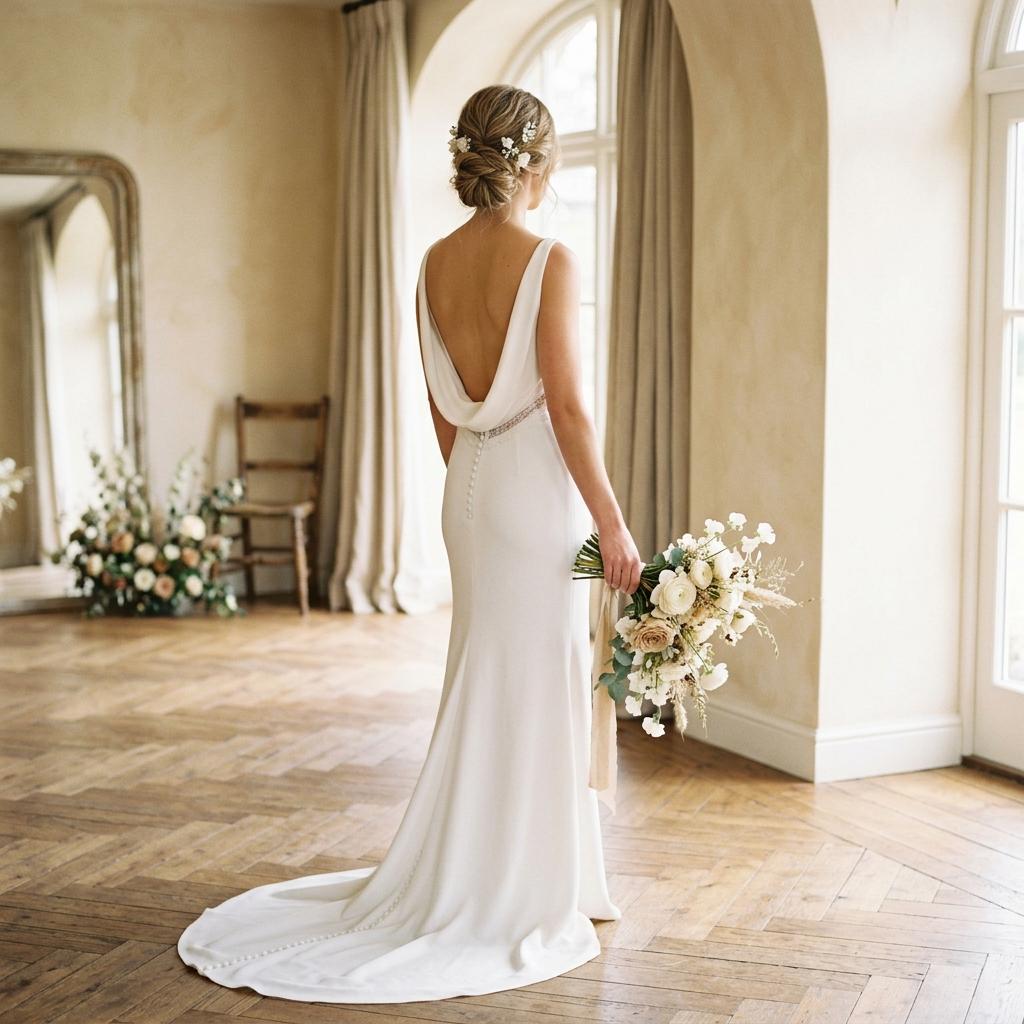 Aesthetic close-up of a bride in her wedding dress from behind, holding a delicate flower bouquet