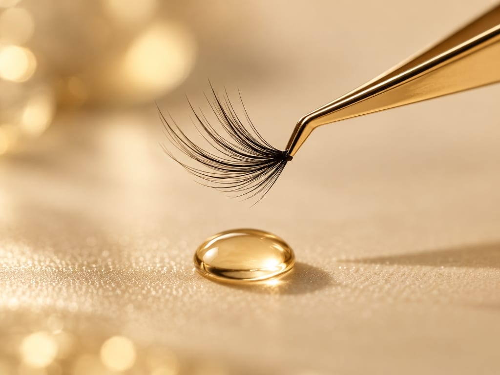 DIY-Clusterwimpern auf einer Papprolle neben einer kleinen Flasche Öl-Remover und einem Wattepad auf beigem Untergrund, Lash Affair Schwäbisch Gmünd