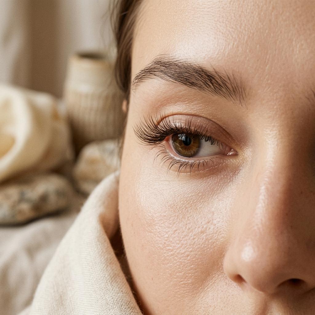 Aesthetic close-up of an eye with eyelash extensions in soft, warm studio light