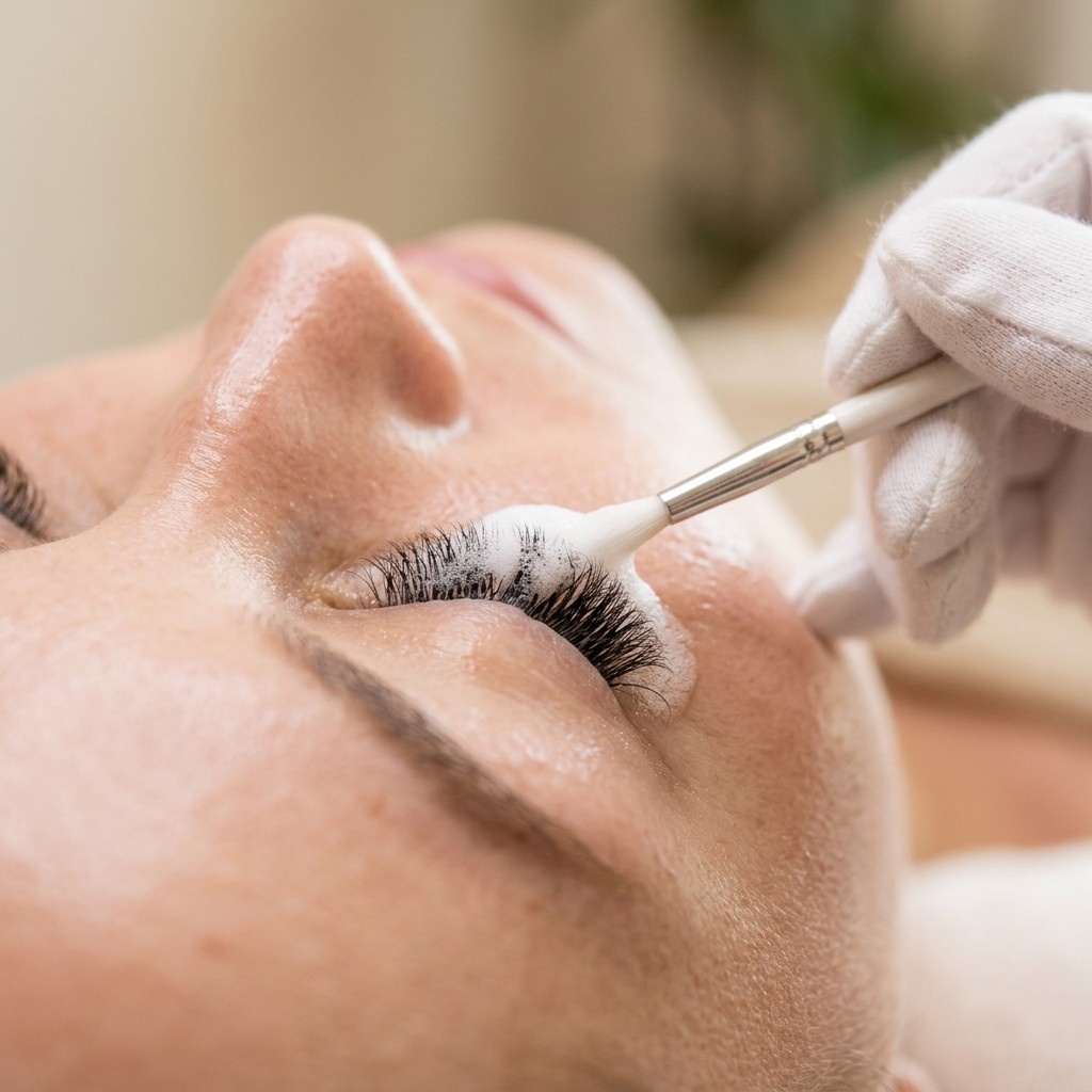 Liegende Kundin im Profil mit geschlossenem Auge, behandschuhte Hand reinigt den Wimpernansatz mit weichem Pinsel und ölfreiem Schaum, Wimpernverlängerung im Atelier Lash Affair Schwäbisch Gmünd
