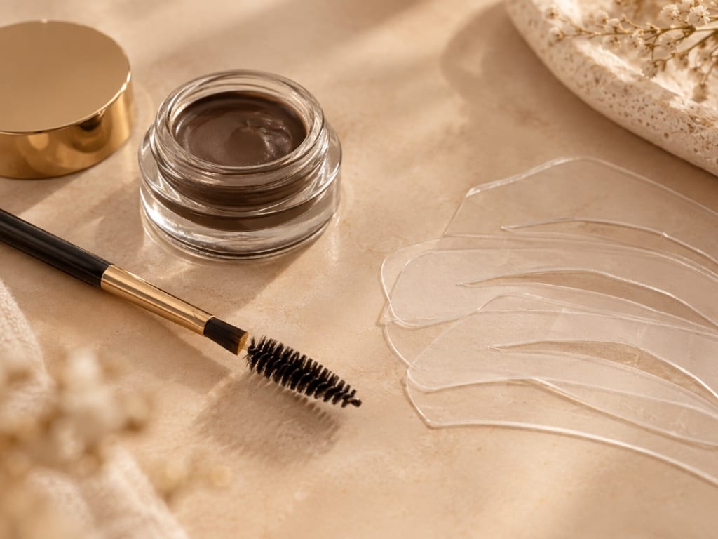 Brauen-Pinsel und Spoolie mit Brow-Pigment und Formschablonen auf warmem beigem Untergrund, Lash Affair Schwäbisch Gmünd