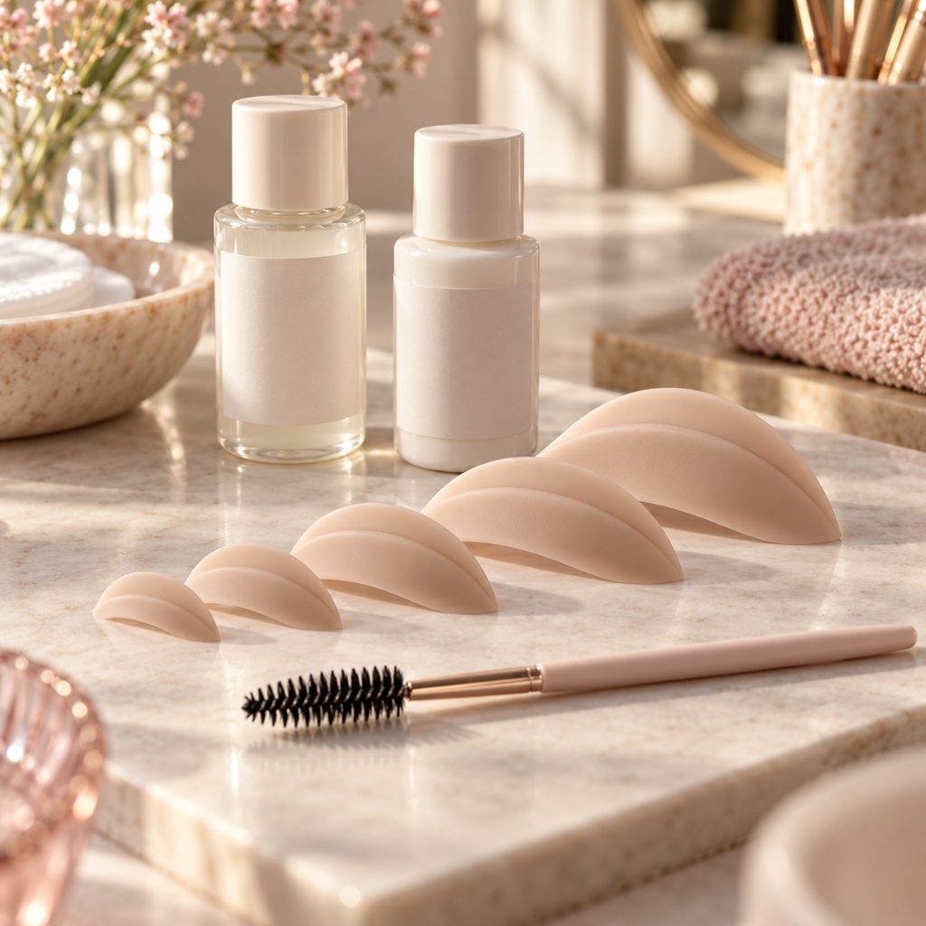 Still life on a bright studio table: silicone pads in different sizes, small lotion bottles and a lash brush for a lash lift at Lash Affair Schwäbisch Gmünd