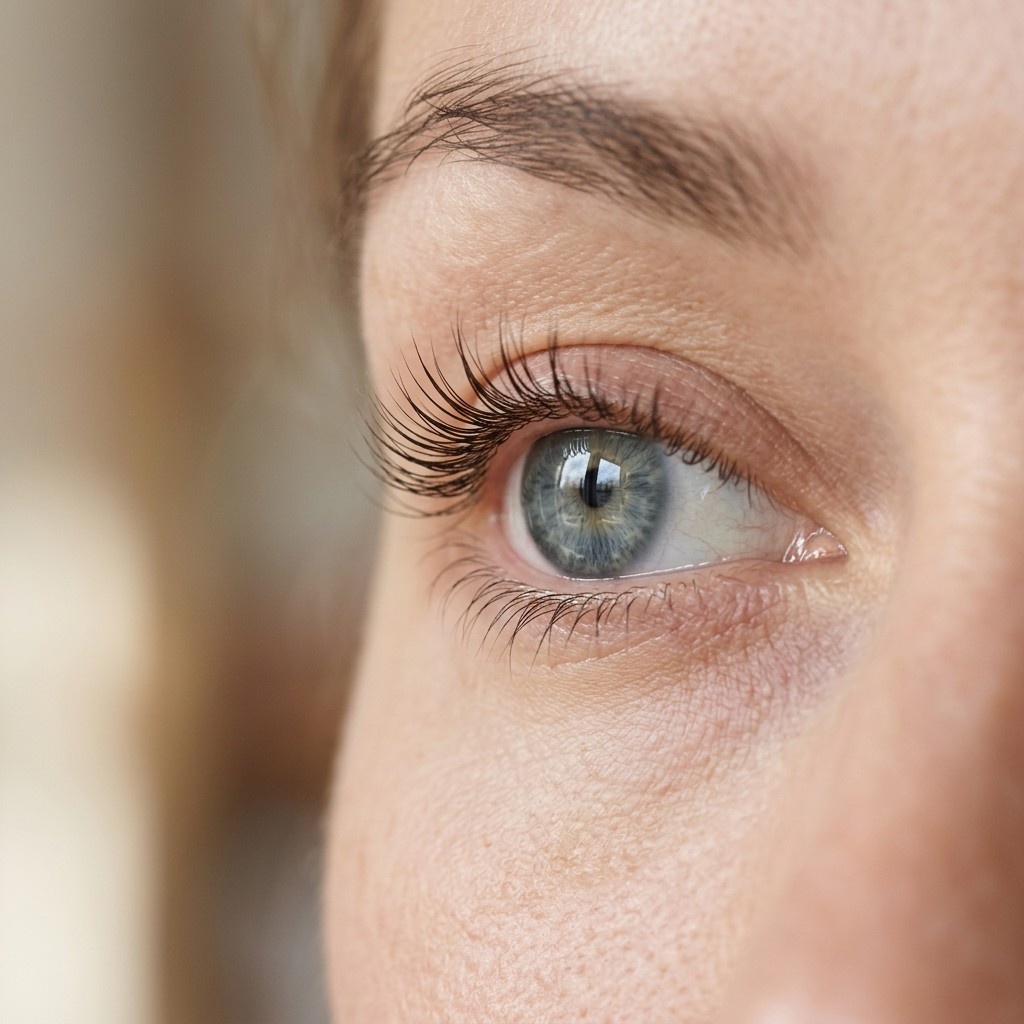 Nahaufnahme eines geöffneten Auges mit geliftetem Wimpernkranz im Profil, der Schwung setzt direkt am Ansatz an – Wimpernlifting bei Lash Affair in Schwäbisch Gmünd