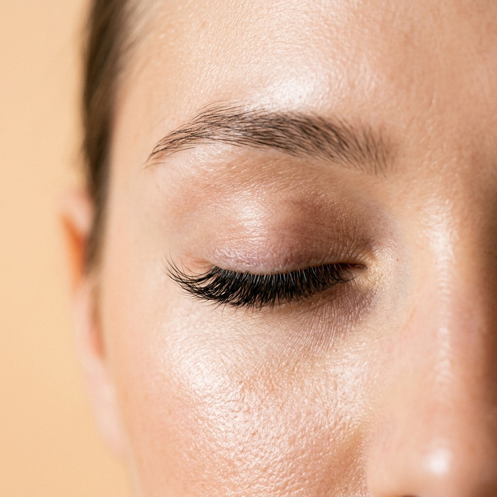Geschlossenes Auge mit vollem Wimpernkranz aus Extensions und gepflegter Augenbraue, Lash Affair Schwäbisch Gmünd