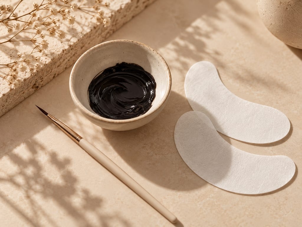 Nahaufnahme eines Auges mit frisch getönten, dunklen Naturwimpern ohne Mascara in warmem Studiolicht, Lash Affair Schwäbisch Gmünd