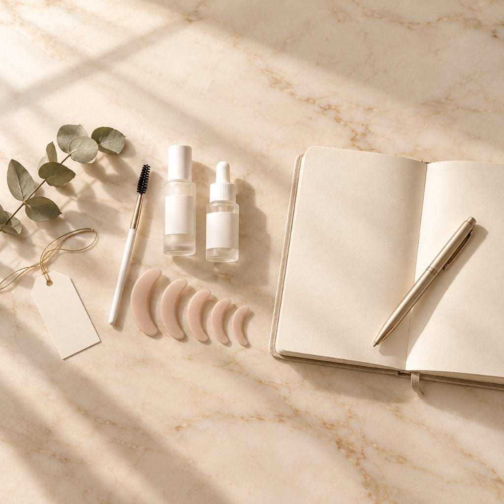 Aufgeschlagenes Notizbuch mit goldenem Stift, daneben Silikonpads für das Wimpernlifting, zwei Lotionsfläschchen, ein Wimpernbürstchen und ein leeres Preisschild auf heller Marmorfläche, Lash Affair Schwäbisch Gmünd
