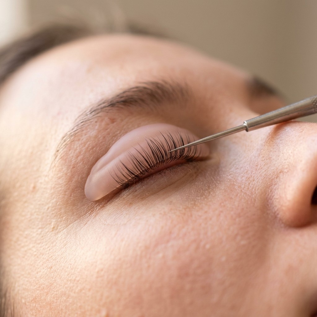 Nahaufnahme eines geschlossenen Auges mit Silikonpad auf dem Lid, die ungeschminkten Naturwimpern werden mit einem feinen Werkzeug am Pad nach oben angelegt, Wimpernlifting bei Lash Affair in Schwäbisch Gmünd
