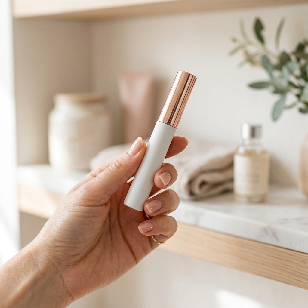 Schmale weiße Wimpernserum-Tube mit rosé-goldenem Verschluss in einer Hand, heller Badezimmerhintergrund – Wimpernserum in Schwangerschaft und Stillzeit, Lash Affair Schwäbisch Gmünd