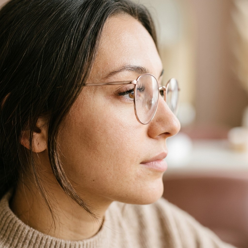 Junge Frau mit feiner goldener Rundbrille im Dreiviertelprofil, ihre geschwungenen Wimpern reichen bis dicht an das Brillenglas, Beratung zur Wimpernverlängerung für Brillenträgerinnen bei Lash Affair in Schwäbisch Gmünd