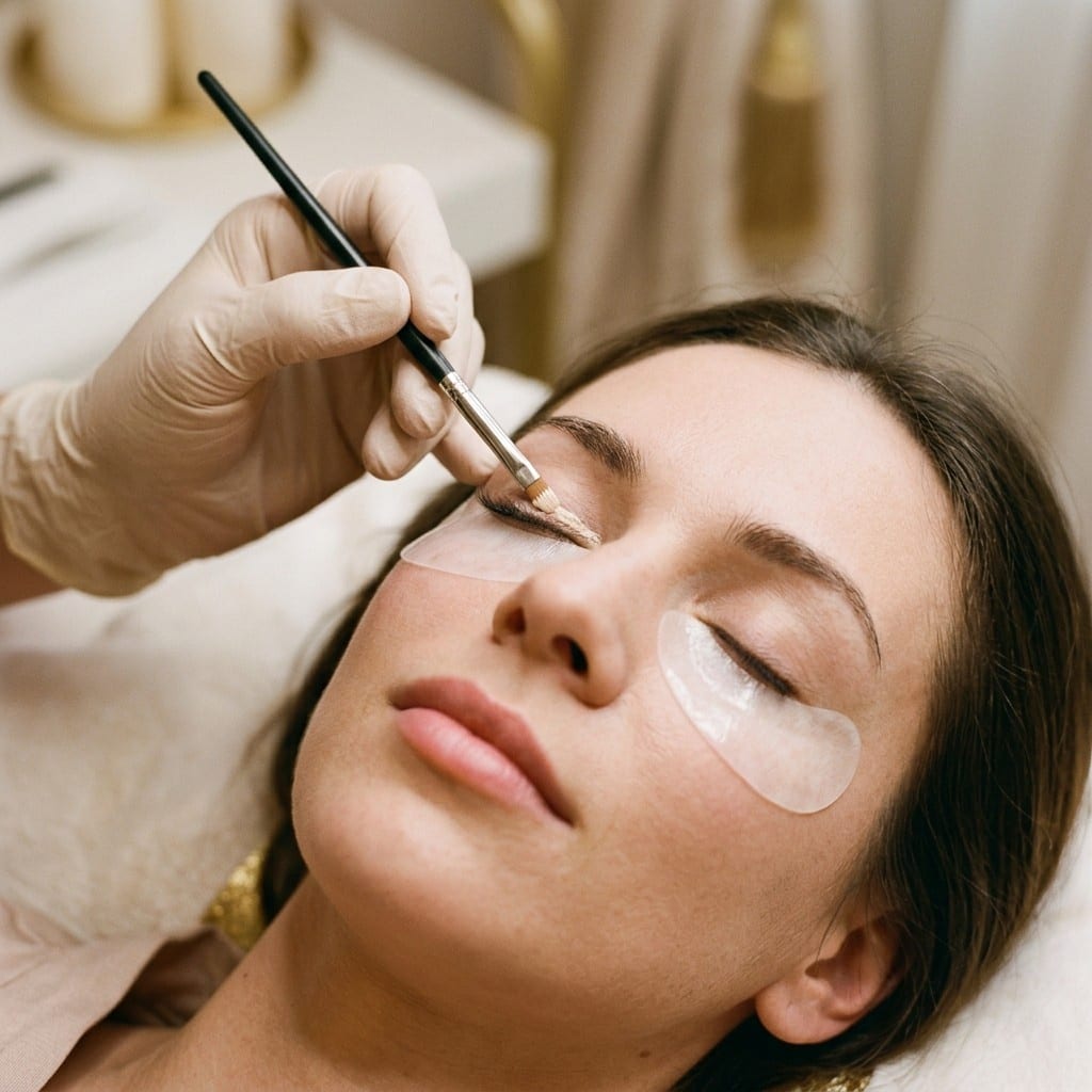Behandlung mit geschlossenen Augen und Hydrogel-Pads unter den Augen, Remover wird mit einem feinen Pinsel aufgetragen, Lash Affair Schwäbisch Gmünd