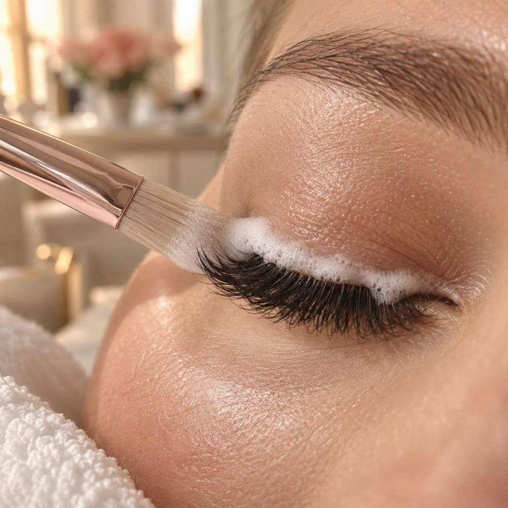 Nahaufnahme eines geschlossenen Auges mit Wimpernextensions, ein weicher Pinsel trägt feinen Reinigungsschaum am Wimpernansatz auf, Lash Affair Schwäbisch Gmünd