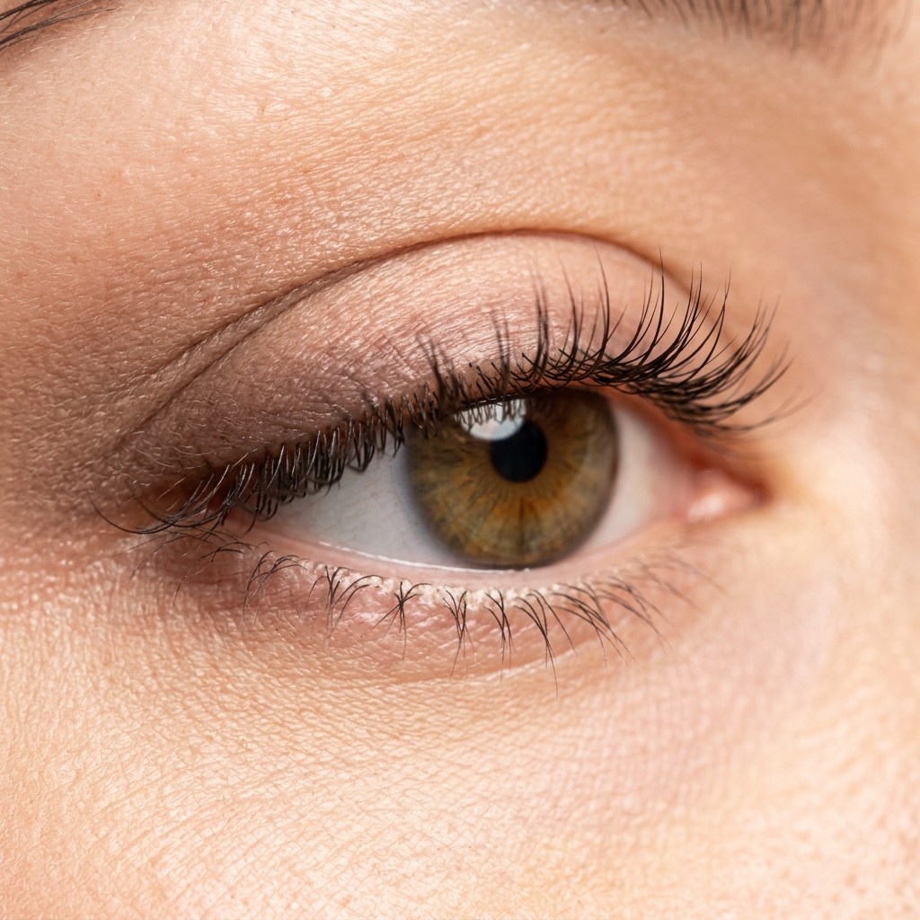 Nahaufnahme eines geöffneten Auges mit Schlupflid und Wimpernverlängerung im L-Curl, bei der sich die Wimpern unter der Lidfalte hervorschieben, Lash Affair Schwäbisch Gmünd