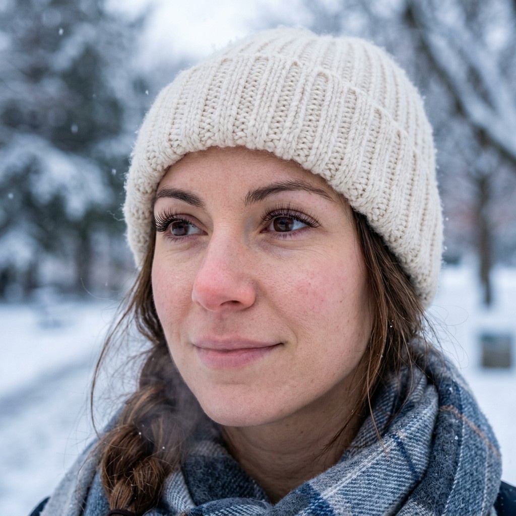 Frau mit Wimpernextensions und Wollmütze im kalten Winterlicht, Atem sichtbar in der Luft – Wimpernverlängerung im Winter von Lash Affair in Schwäbisch Gmünd