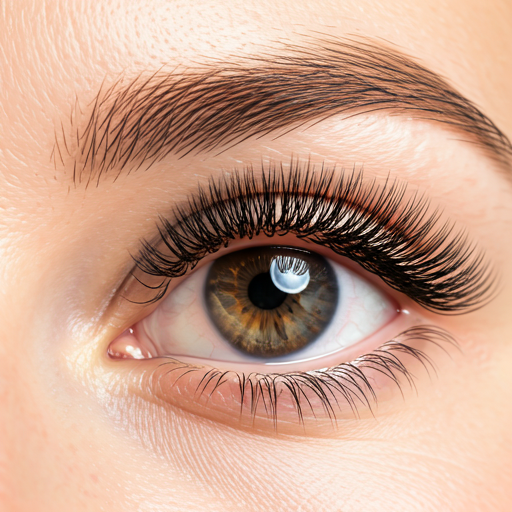 Extreme Nahaufnahme hochwertiger Seiden-Wimpernverlängerungen auf Haut in Pfirsichton und warmem Licht