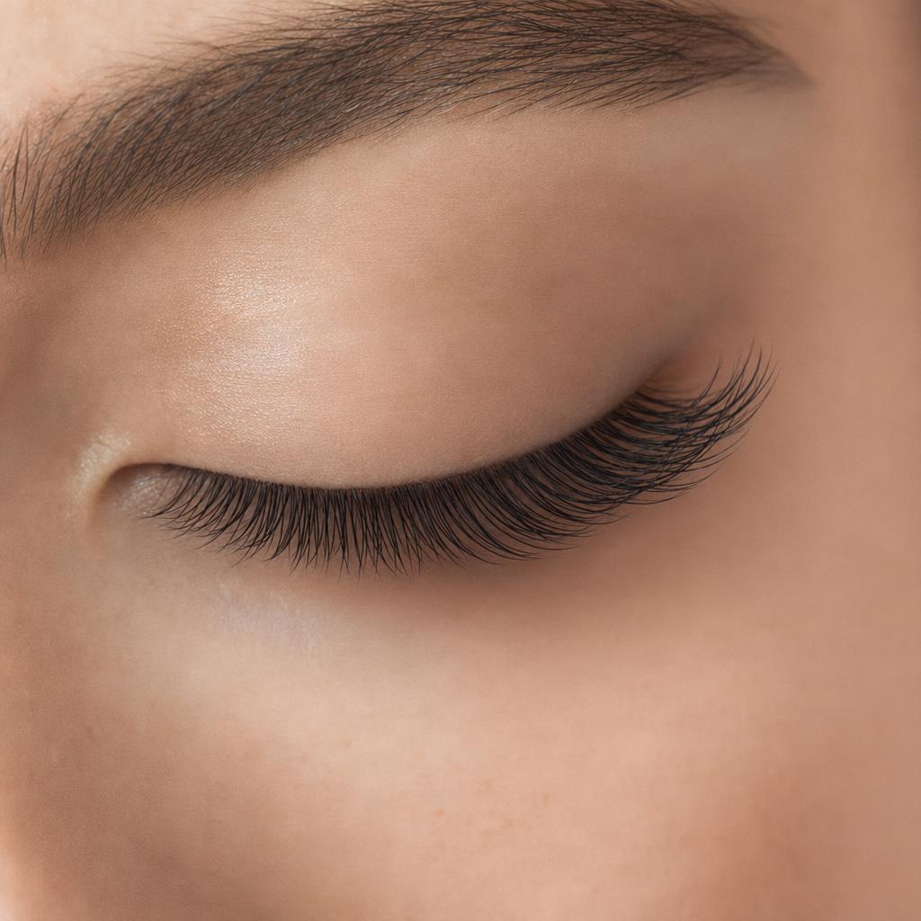 Nahaufnahme eines Auges mit Wimpernlifting und Tönung